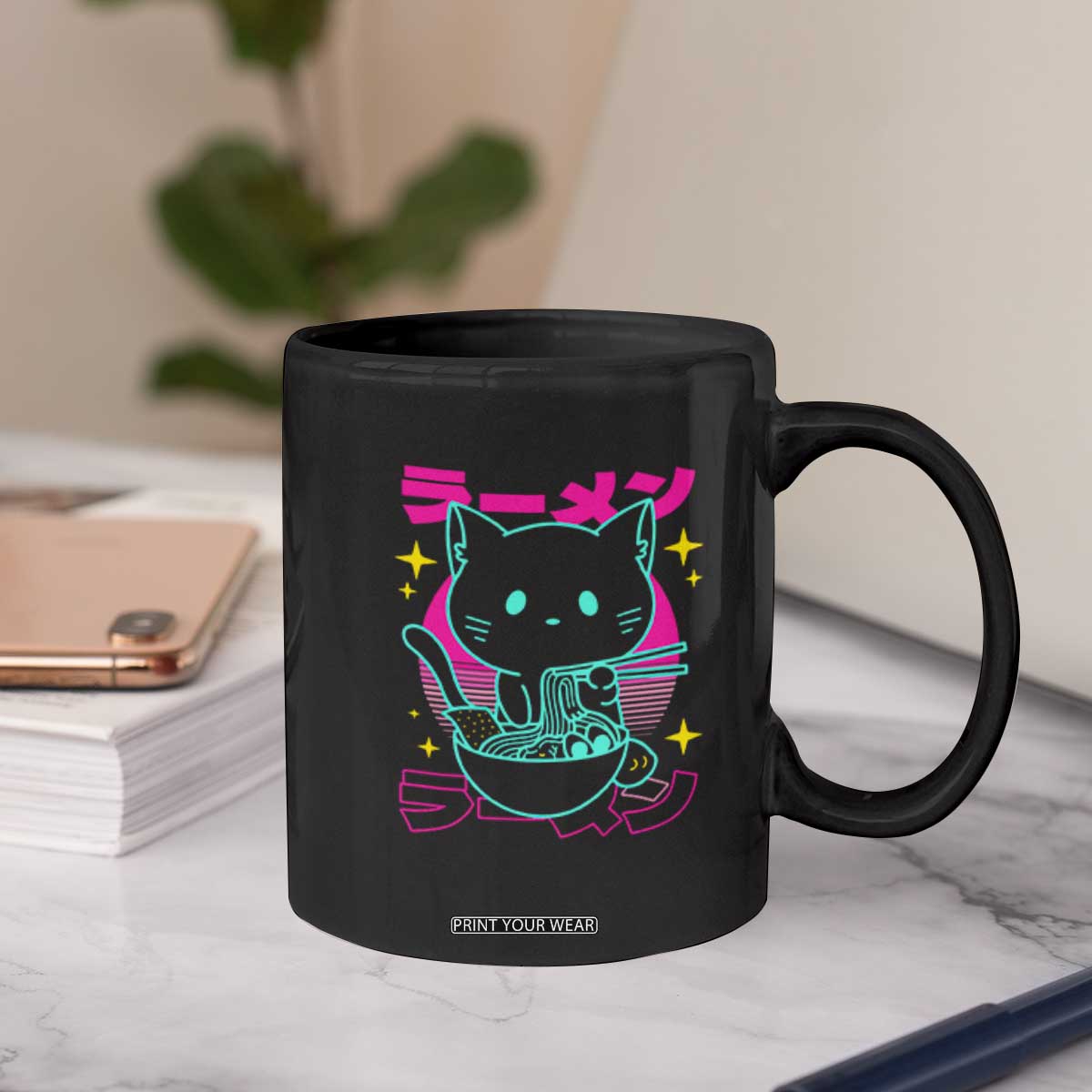 Kawaii Ramen Cat Coffee Mug Retro Japanese Noodles Lover Anime Aesthetic TS02 Print Your Wear