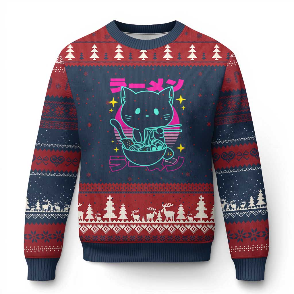 Kawaii Ramen Cat Ugly Christmas Sweater Retro Japanese Noodles Lover Anime Aesthetic TS02 Navy Red Print Your Wear