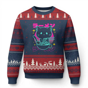 Kawaii Ramen Cat Ugly Christmas Sweater Retro Japanese Noodles Lover Anime Aesthetic TS02 Navy Red Print Your Wear