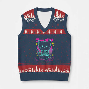 Kawaii Ramen Cat V-Neck Knit Sweater Vest Retro Japanese Noodles Lover Anime Aesthetic TS02 Navy Red Print Your Wear