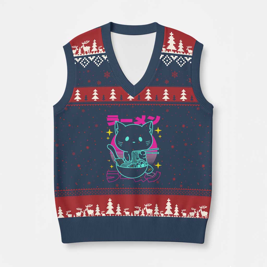 Kawaii Ramen Cat V-Neck Knit Sweater Vest Retro Japanese Noodles Lover Anime Aesthetic TS02 Navy Red Print Your Wear