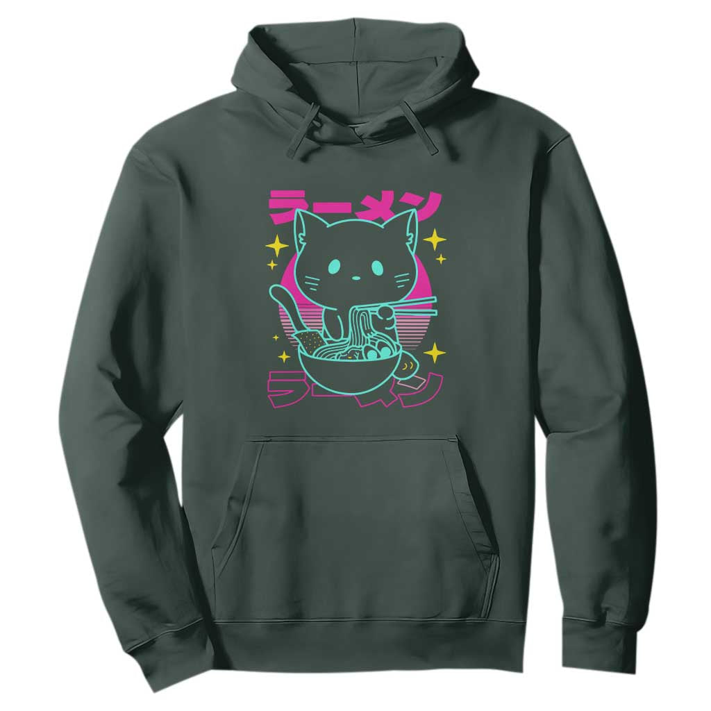 Kawaii Ramen Cat Hoodie Retro Japanese Noodles Lover Anime Aesthetic TS02 Dark Forest Green Print Your Wear