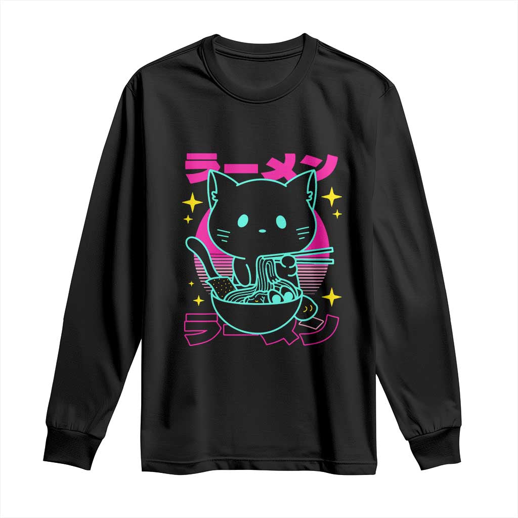 Kawaii Ramen Cat Long Sleeve Shirt Retro Japanese Noodles Lover Anime Aesthetic TS02 Black Print Your Wear