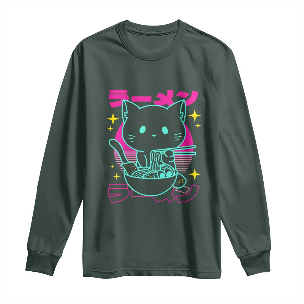 Kawaii Ramen Cat Long Sleeve Shirt Retro Japanese Noodles Lover Anime Aesthetic TS02 Dark Forest Green Print Your Wear