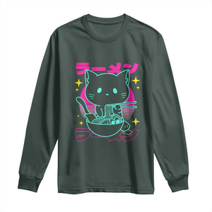 Kawaii Ramen Cat Long Sleeve Shirt Retro Japanese Noodles Lover Anime Aesthetic TS02 Dark Forest Green Print Your Wear