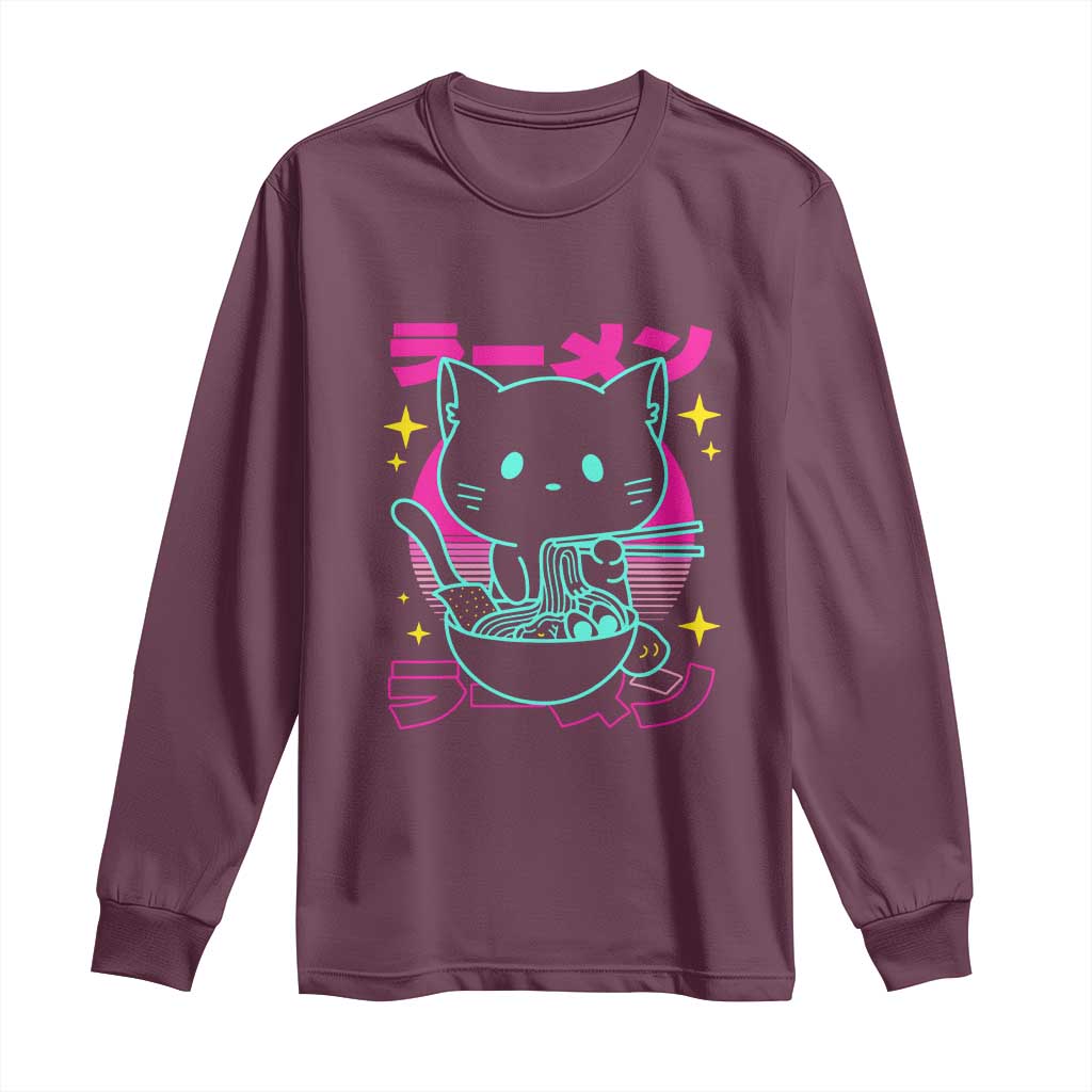 Kawaii Ramen Cat Long Sleeve Shirt Retro Japanese Noodles Lover Anime Aesthetic TS02 Maroon Print Your Wear