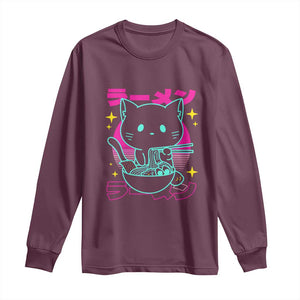 Kawaii Ramen Cat Long Sleeve Shirt Retro Japanese Noodles Lover Anime Aesthetic TS02 Maroon Print Your Wear