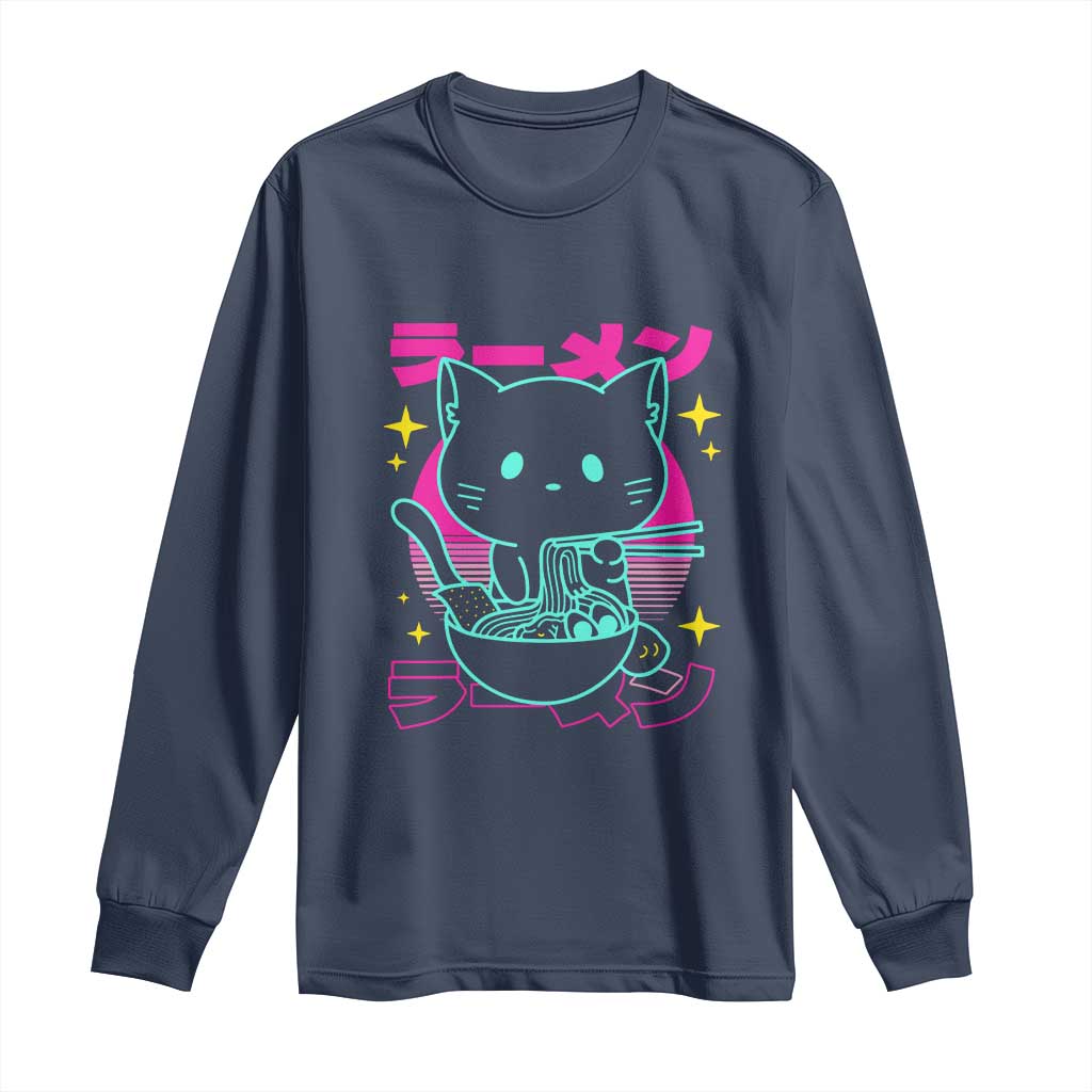 Kawaii Ramen Cat Long Sleeve Shirt Retro Japanese Noodles Lover Anime Aesthetic TS02 Navy Print Your Wear