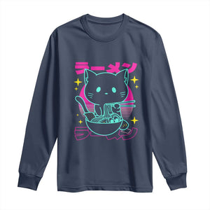 Kawaii Ramen Cat Long Sleeve Shirt Retro Japanese Noodles Lover Anime Aesthetic TS02 Navy Print Your Wear