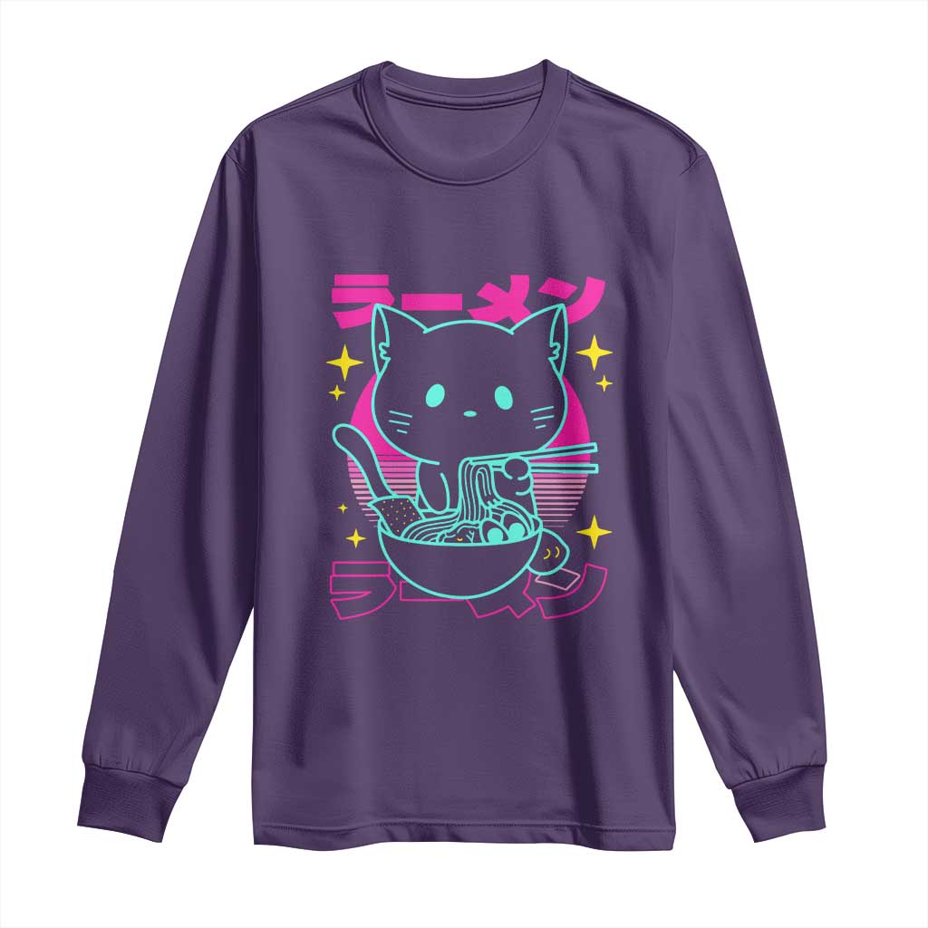 Kawaii Ramen Cat Long Sleeve Shirt Retro Japanese Noodles Lover Anime Aesthetic TS02 Purple Print Your Wear