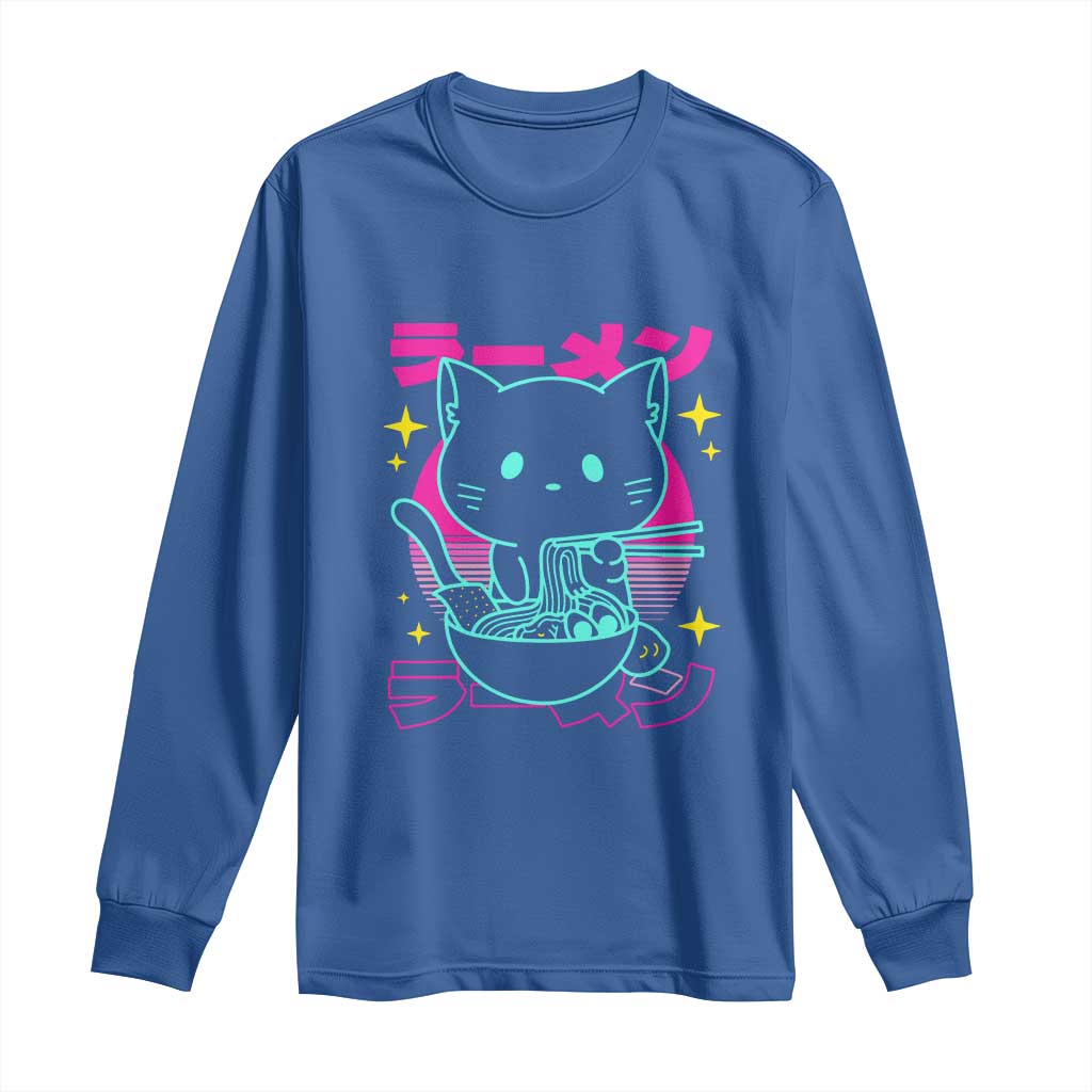 Kawaii Ramen Cat Long Sleeve Shirt Retro Japanese Noodles Lover Anime Aesthetic TS02 Royal Blue Print Your Wear