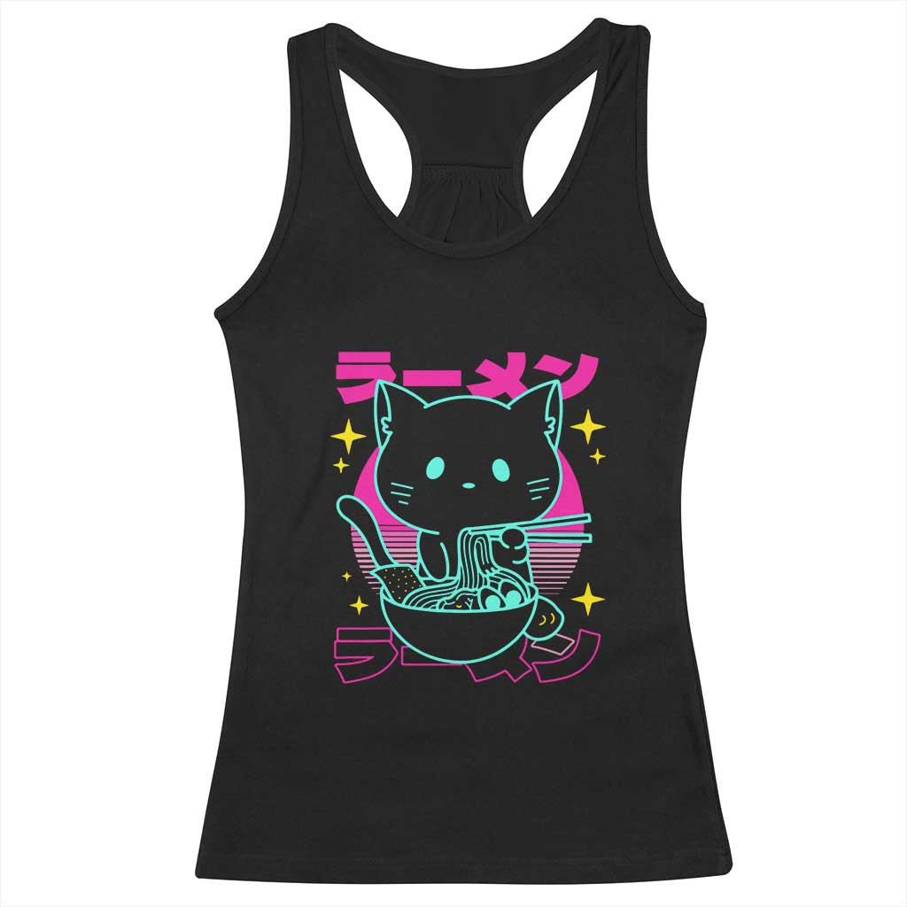 Kawaii Ramen Cat Racerback Tank Top Retro Japanese Noodles Lover Anime Aesthetic TS02 Black Print Your Wear