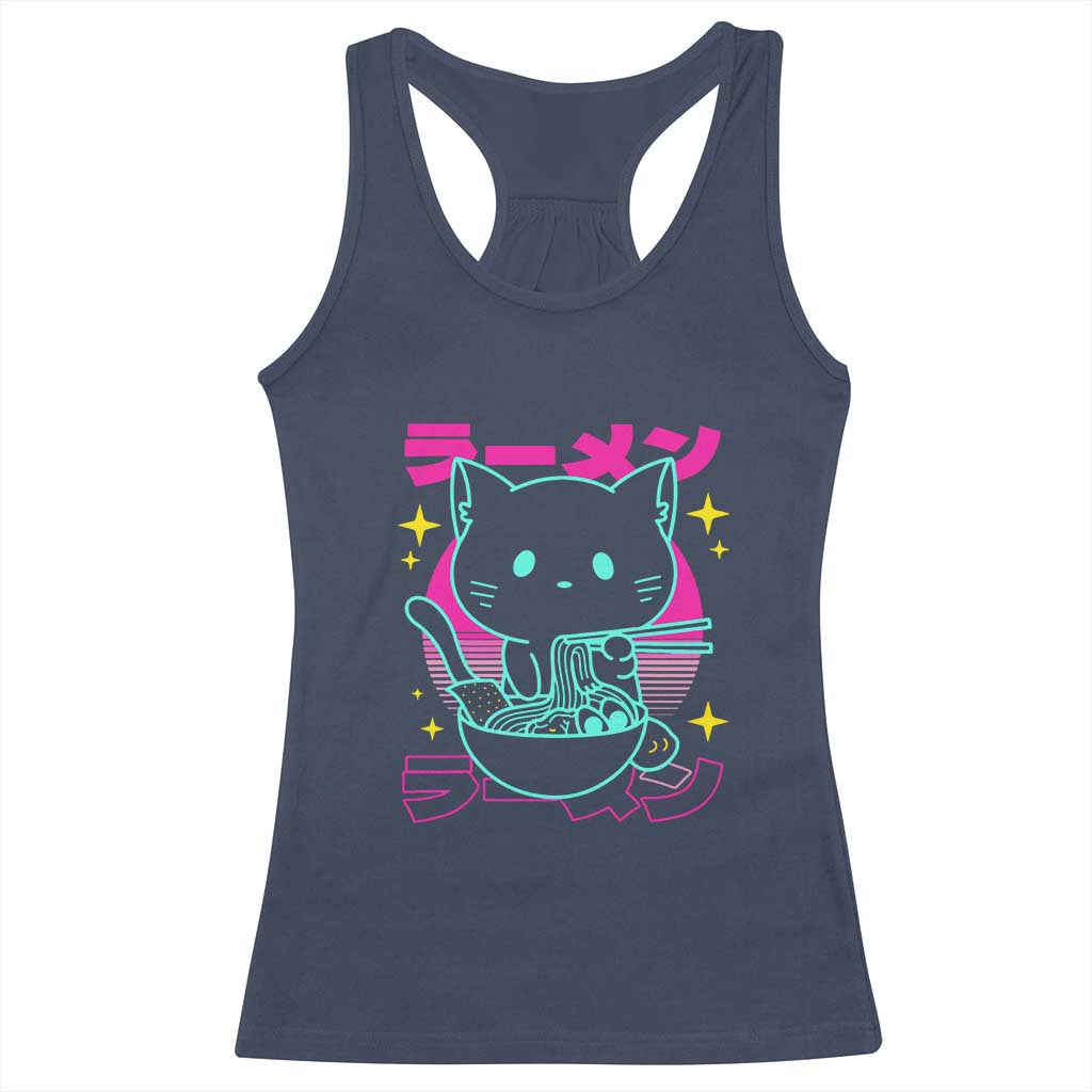 Kawaii Ramen Cat Racerback Tank Top Retro Japanese Noodles Lover Anime Aesthetic TS02 Navy Print Your Wear