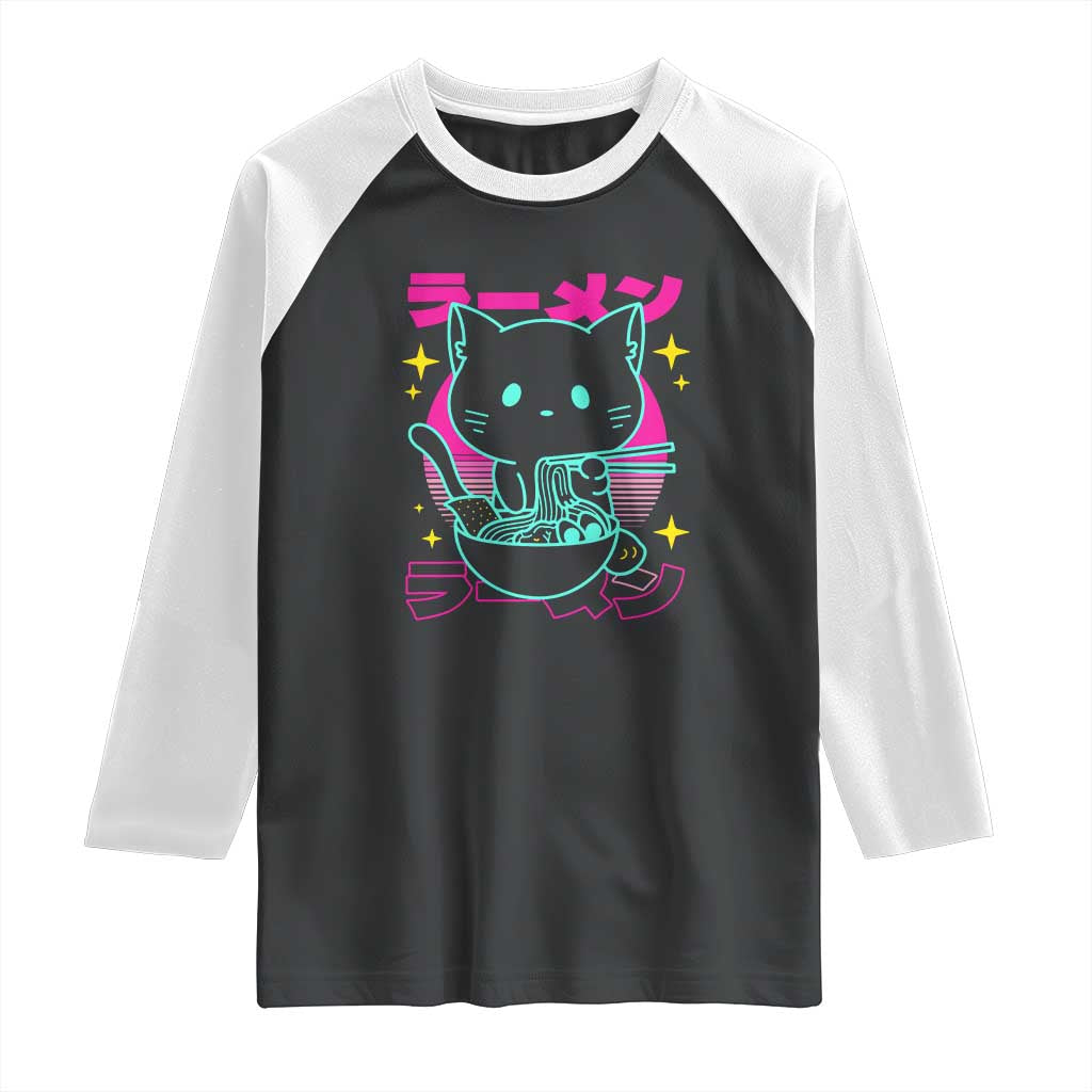 Kawaii Ramen Cat Raglan Shirt Retro Japanese Noodles Lover Anime Aesthetic TS02 Black White Print Your Wear