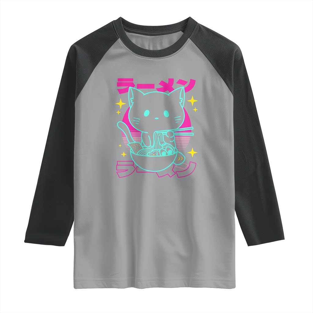 Kawaii Ramen Cat Raglan Shirt Retro Japanese Noodles Lover Anime Aesthetic TS02 Sport Gray Black Print Your Wear
