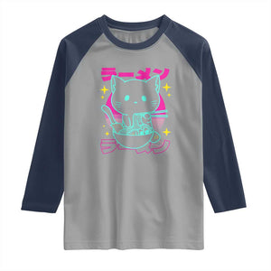 Kawaii Ramen Cat Raglan Shirt Retro Japanese Noodles Lover Anime Aesthetic TS02 Sport Gray Navy Print Your Wear