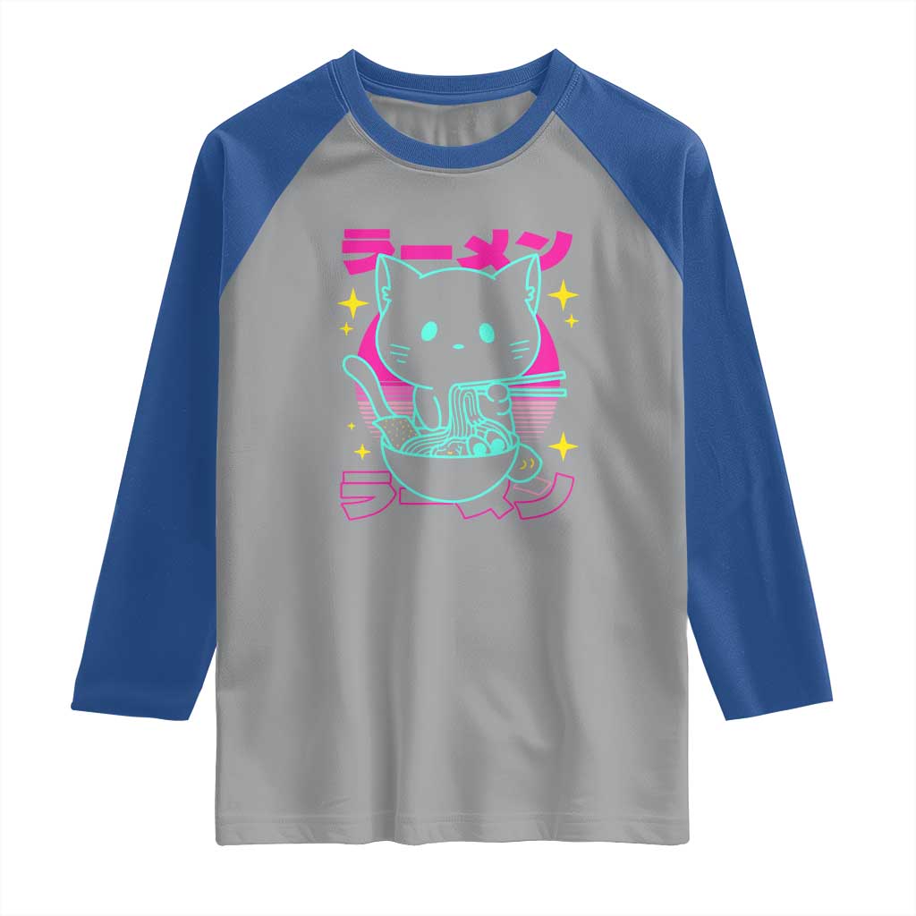 Kawaii Ramen Cat Raglan Shirt Retro Japanese Noodles Lover Anime Aesthetic TS02 Sport Gray Royal Print Your Wear