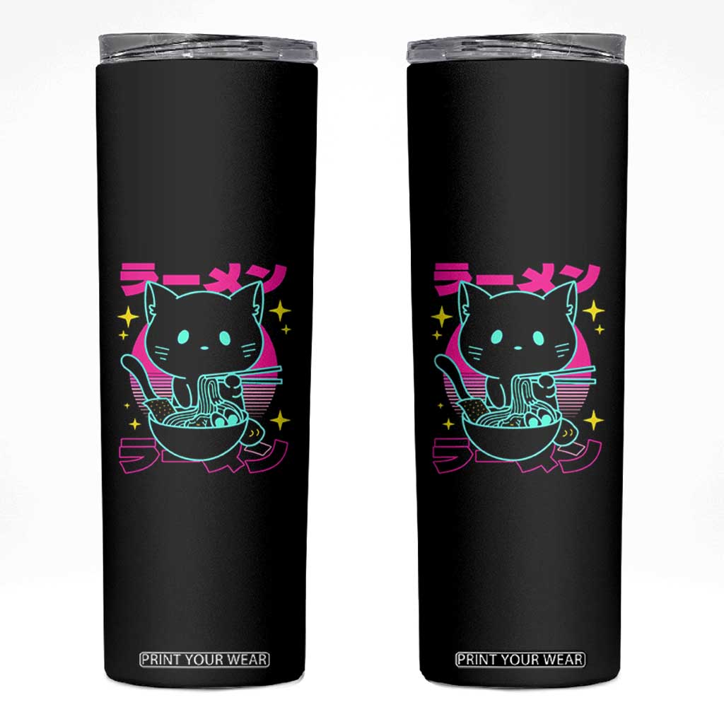 Kawaii Ramen Cat Skinny Tumbler Retro Japanese Noodles Lover Anime Aesthetic TS02 Black Print Your Wear