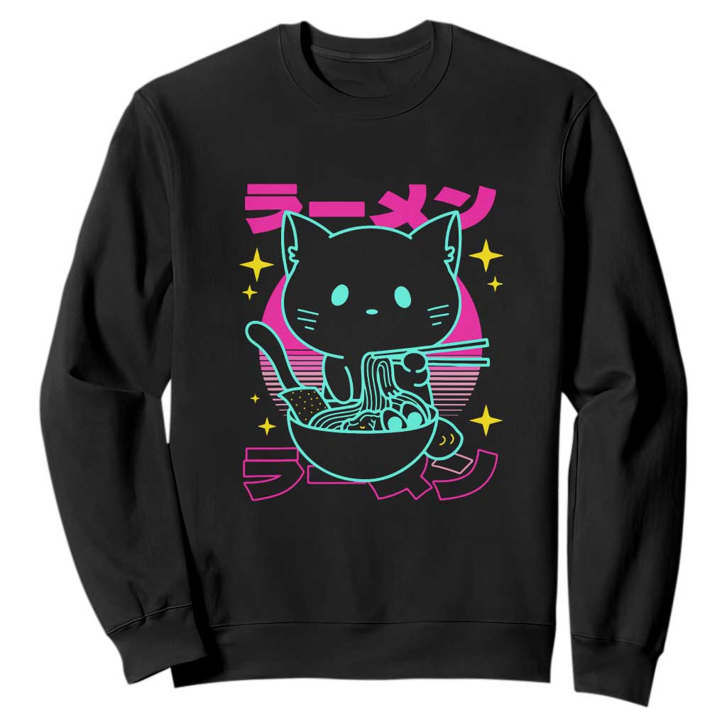 Kawaii Ramen Cat Sweatshirt Retro Japanese Noodles Lover Anime Aesthetic TS02 Black Print Your Wear