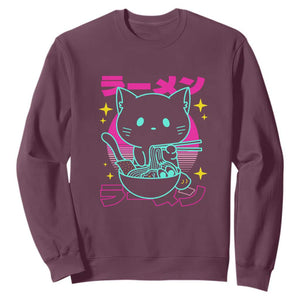 Kawaii Ramen Cat Sweatshirt Retro Japanese Noodles Lover Anime Aesthetic TS02 Maroon Print Your Wear