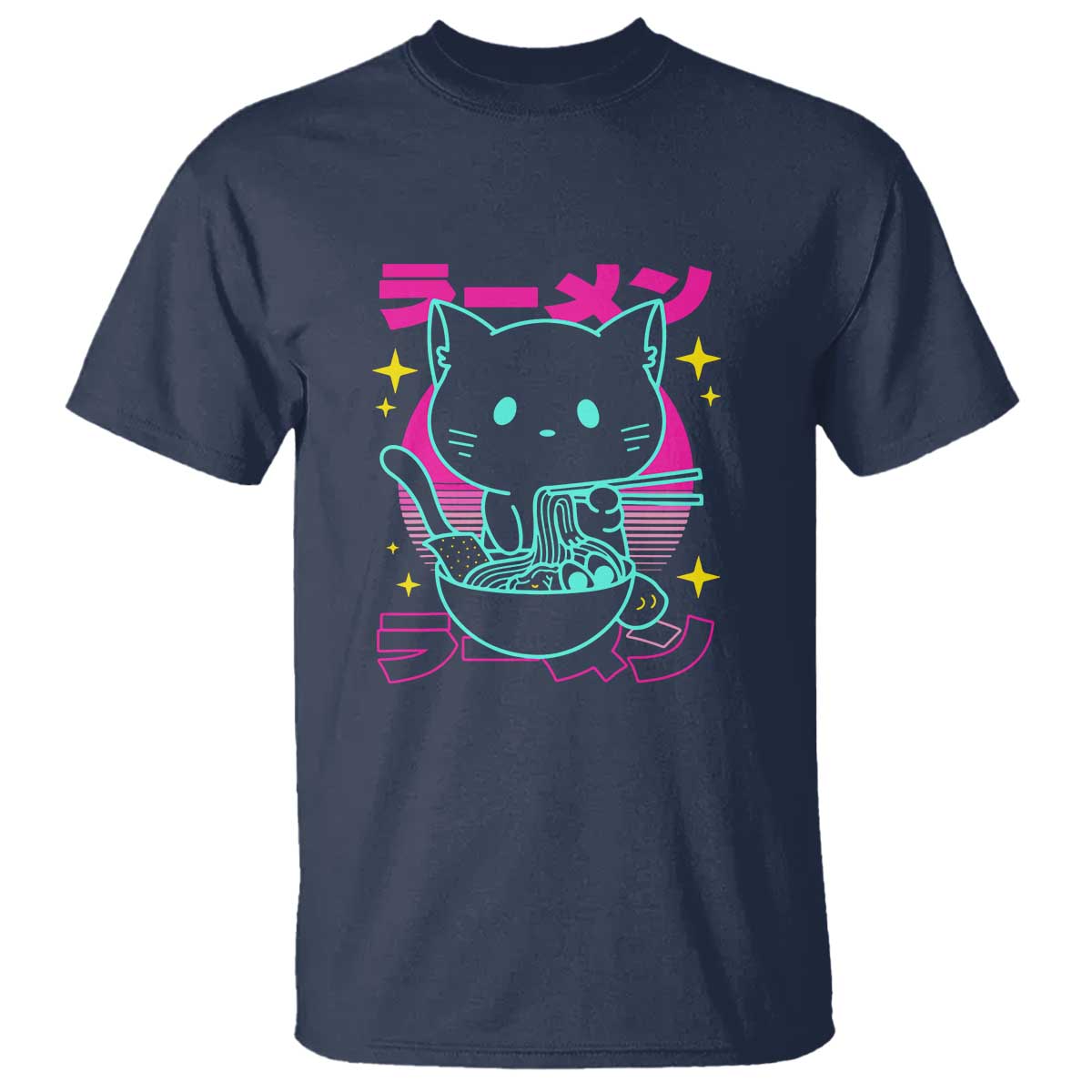 Kawaii Ramen Cat T Shirt Retro Japanese Noodles Lover Anime Aesthetic TS02 Navy Print Your Wear