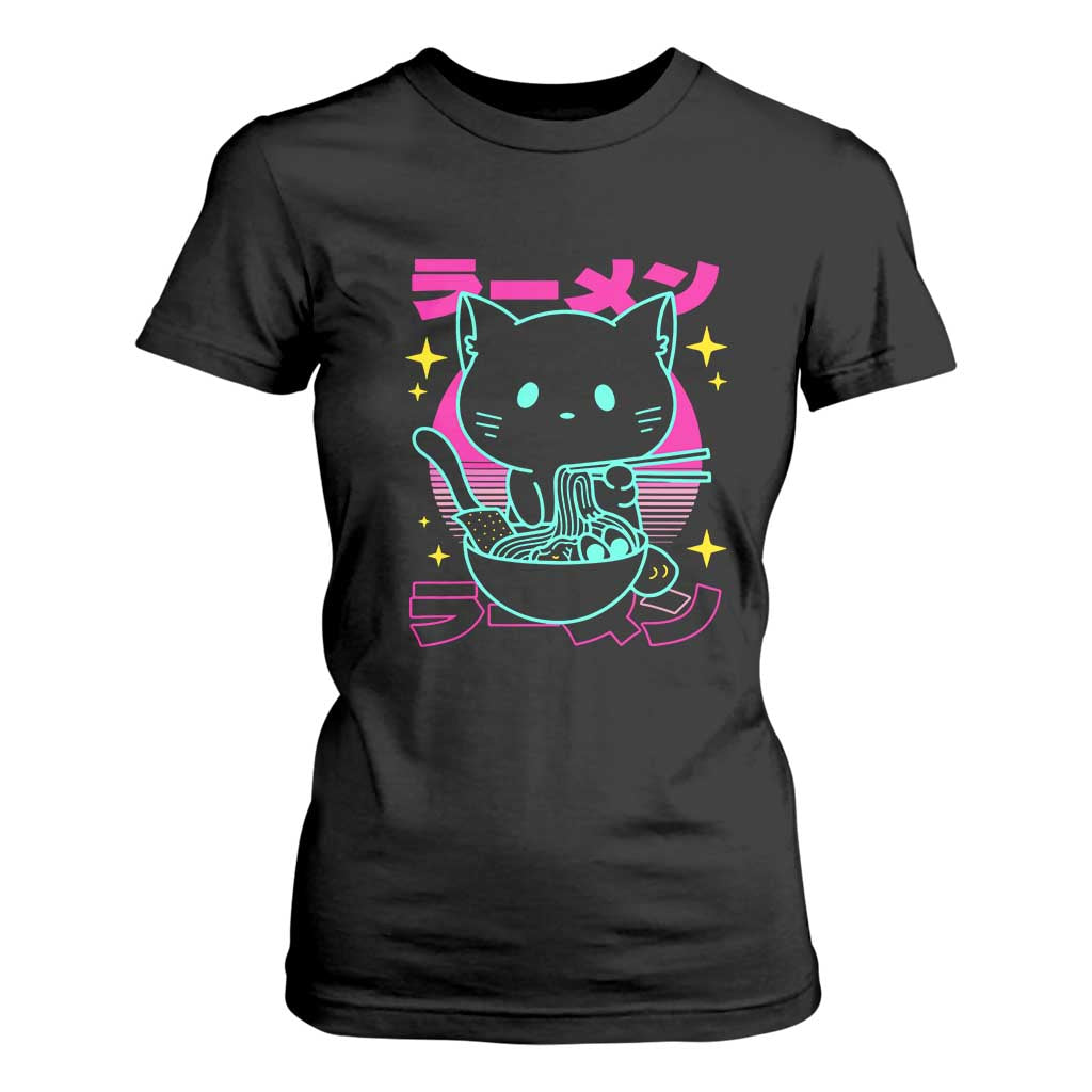 Kawaii Ramen Cat T Shirt For Women Retro Japanese Noodles Lover Anime Aesthetic TS02 Black Print Your Wear