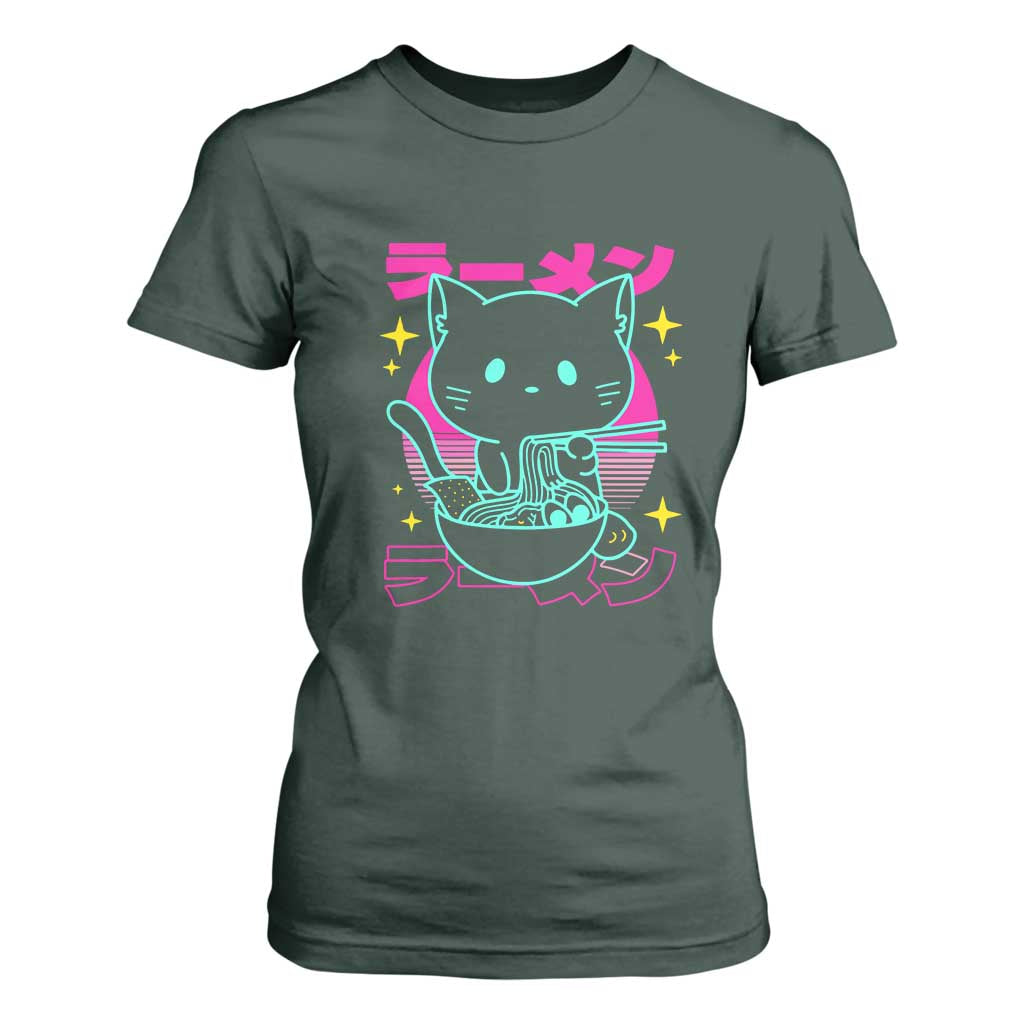Kawaii Ramen Cat T Shirt For Women Retro Japanese Noodles Lover Anime Aesthetic TS02 Dark Forest Green Print Your Wear