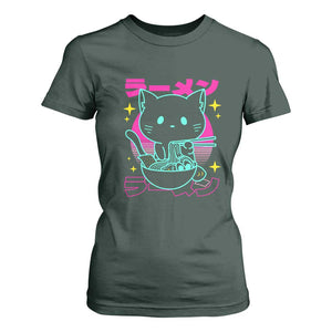 Kawaii Ramen Cat T Shirt For Women Retro Japanese Noodles Lover Anime Aesthetic TS02 Dark Forest Green Print Your Wear