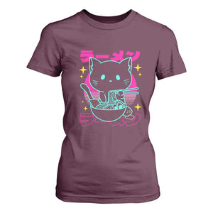 Kawaii Ramen Cat T Shirt For Women Retro Japanese Noodles Lover Anime Aesthetic TS02 Maroon Print Your Wear
