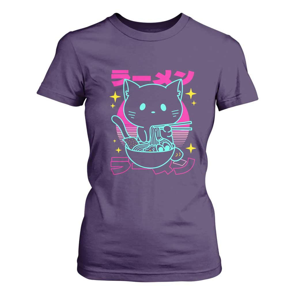 Kawaii Ramen Cat T Shirt For Women Retro Japanese Noodles Lover Anime Aesthetic TS02 Purple Print Your Wear