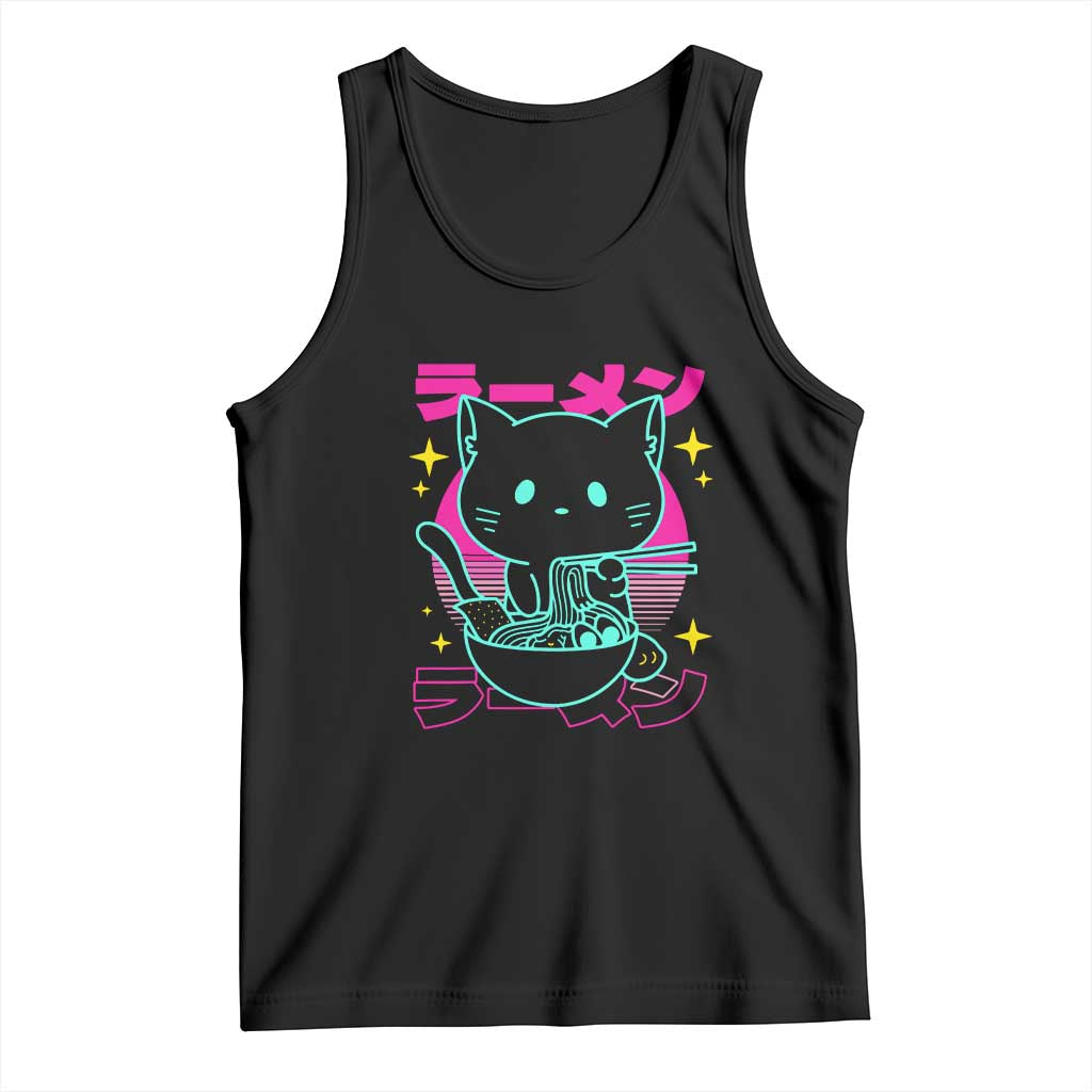 Kawaii Ramen Cat Tank Top Retro Japanese Noodles Lover Anime Aesthetic TS02 Black Print Your Wear