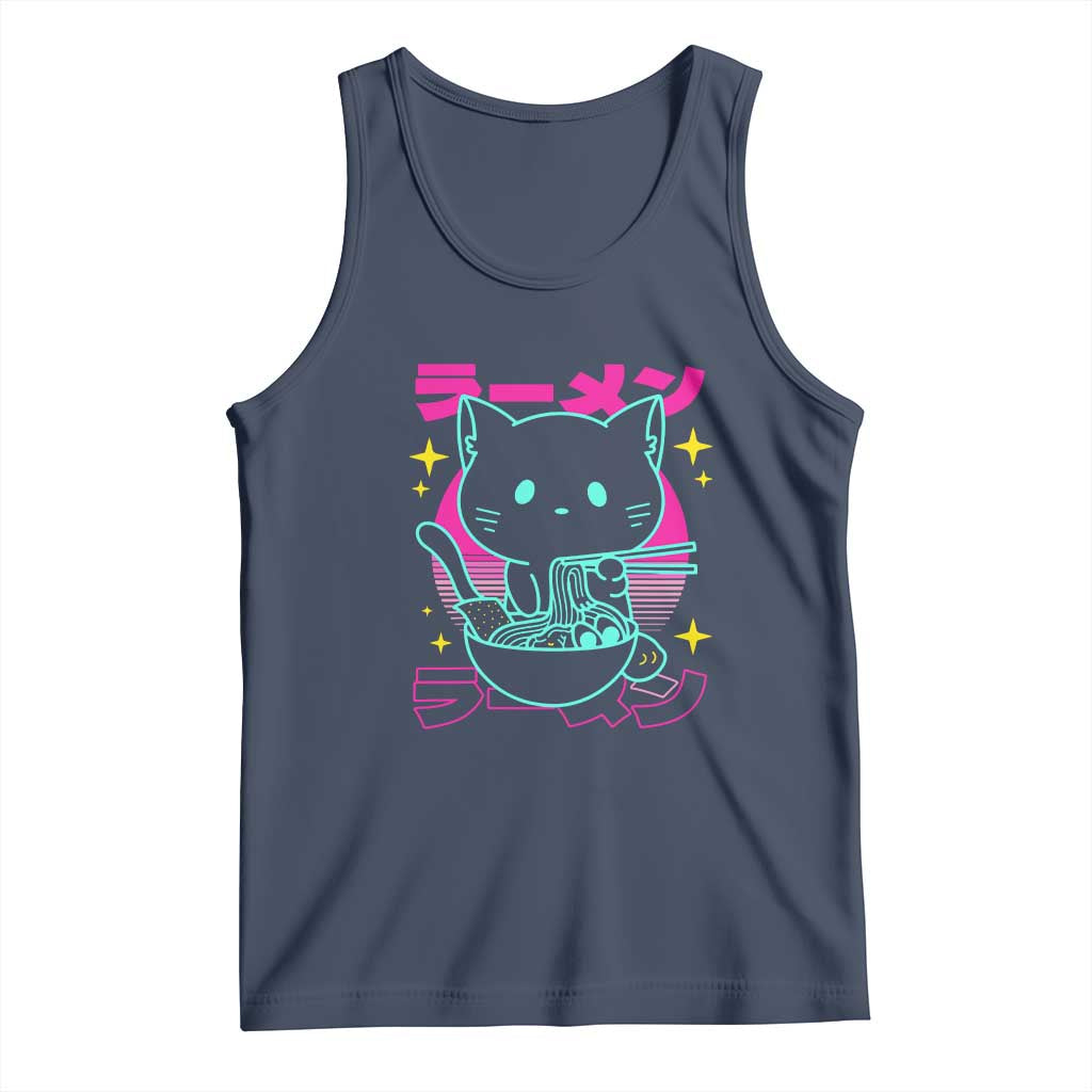 Kawaii Ramen Cat Tank Top Retro Japanese Noodles Lover Anime Aesthetic TS02 Navy Print Your Wear
