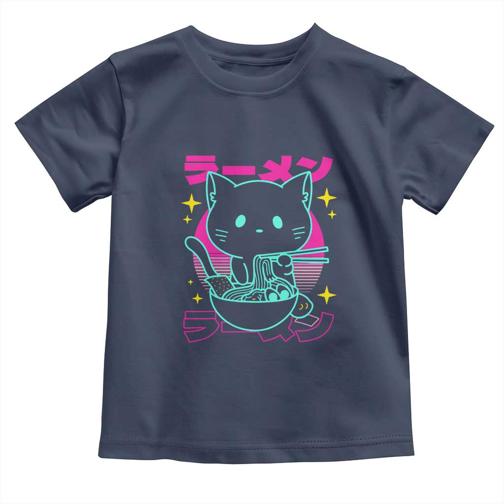 Kawaii Ramen Cat Toddler T Shirt Retro Japanese Noodles Lover Anime Aesthetic TS02 Navy Print Your Wear