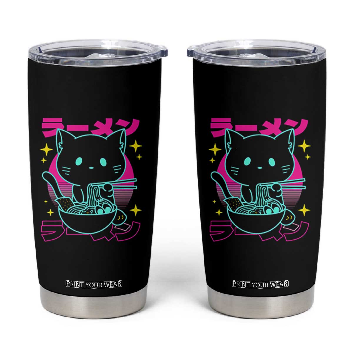 Kawaii Ramen Cat Tumbler Cup Retro Japanese Noodles Lover Anime Aesthetic TS02 Black Print Your Wear