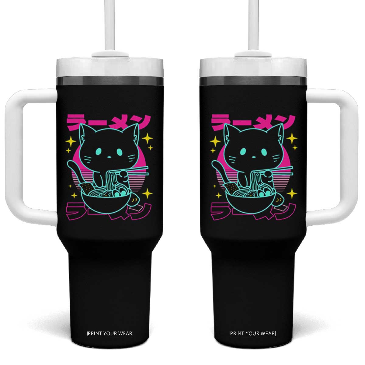 Kawaii Ramen Cat Tumbler With Handle Retro Japanese Noodles Lover Anime Aesthetic TS02 One Size: 40 oz Black Print Your Wear