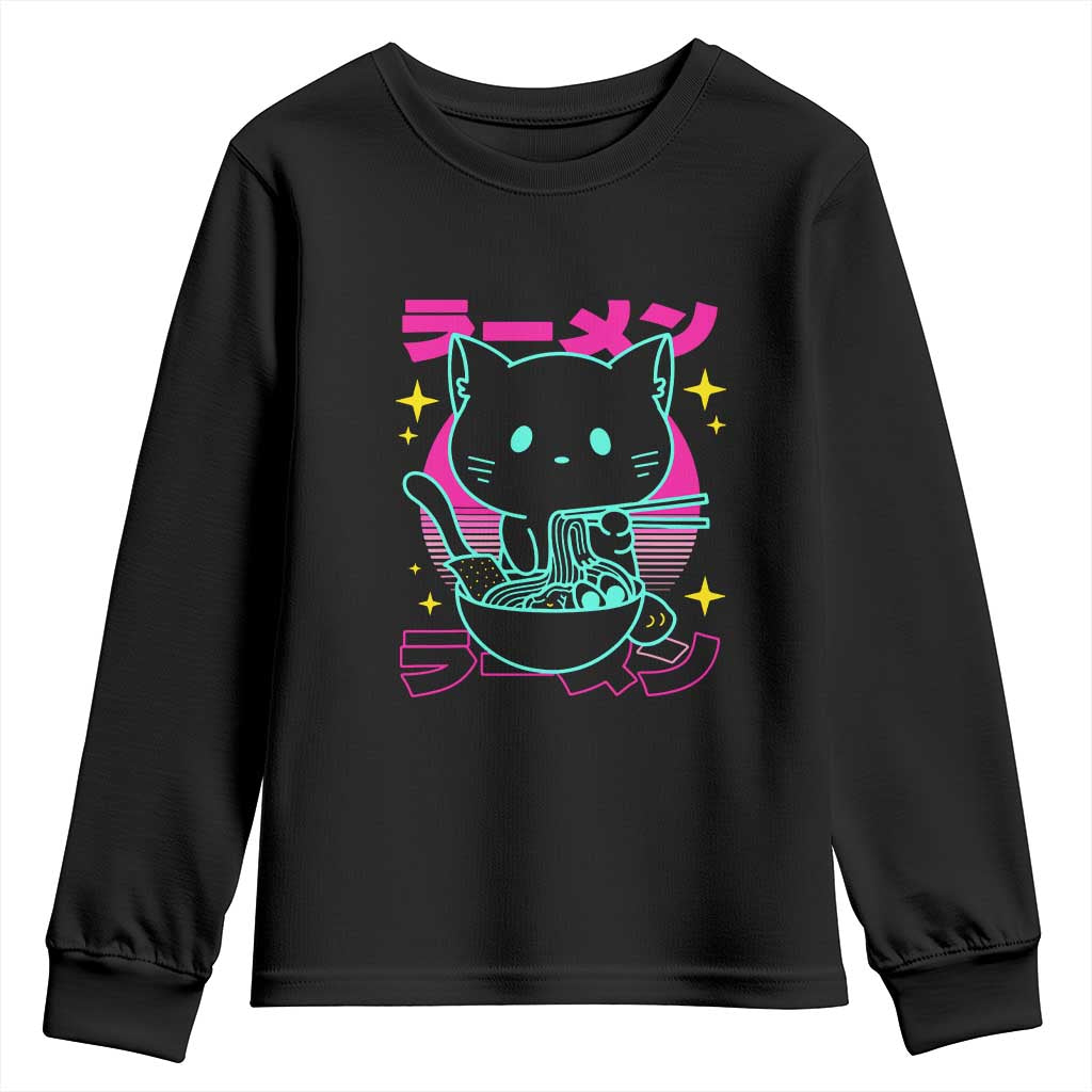 Kawaii Ramen Cat Youth Sweatshirt Retro Japanese Noodles Lover Anime Aesthetic TS02 Black Print Your Wear