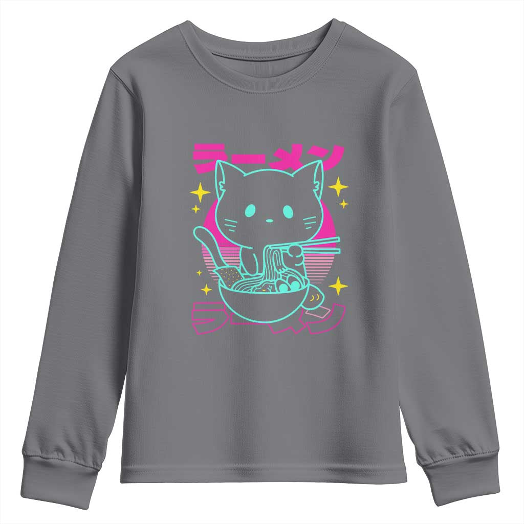 Kawaii Ramen Cat Youth Sweatshirt Retro Japanese Noodles Lover Anime Aesthetic TS02 Charcoal Print Your Wear