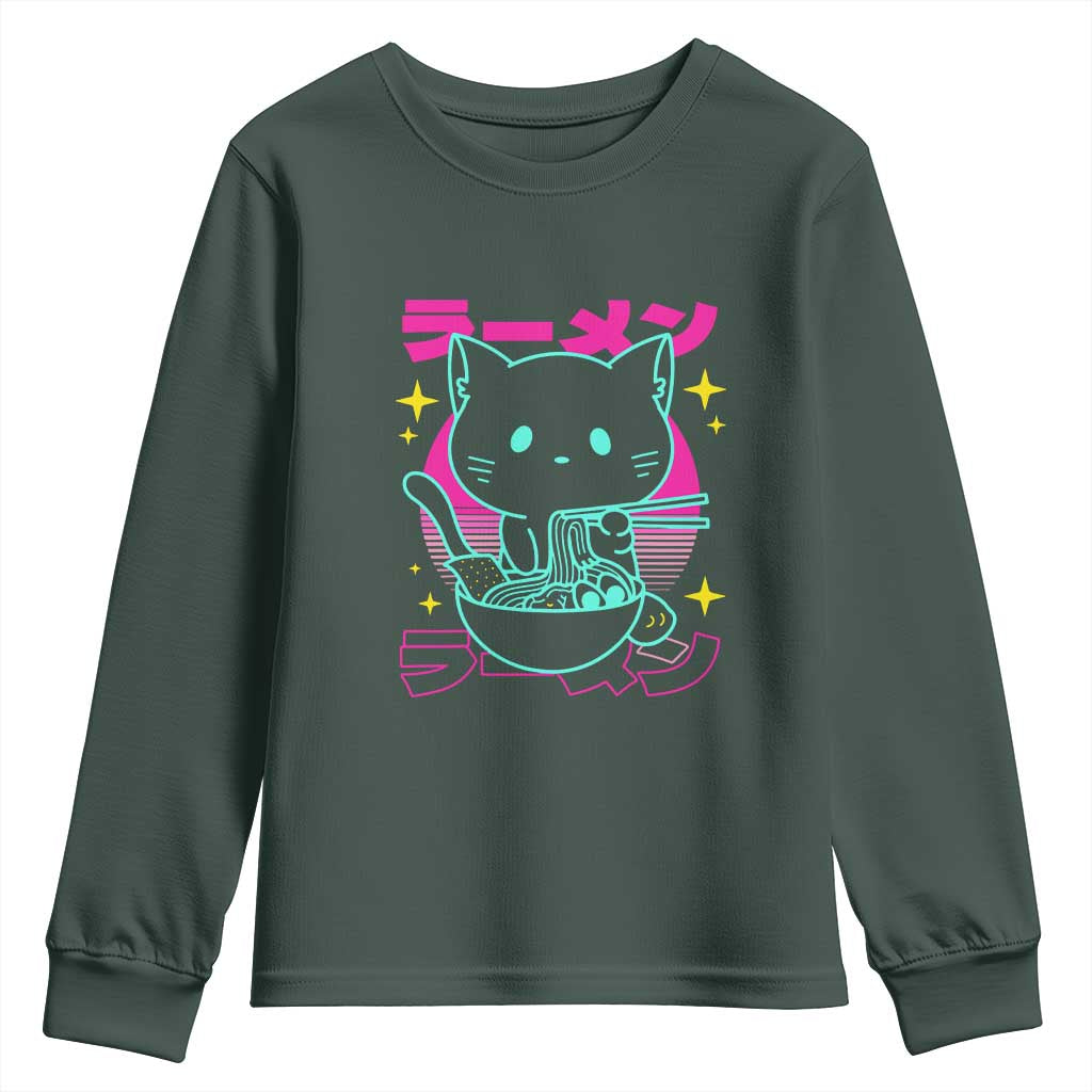 Kawaii Ramen Cat Youth Sweatshirt Retro Japanese Noodles Lover Anime Aesthetic TS02 Dark Forest Green Print Your Wear