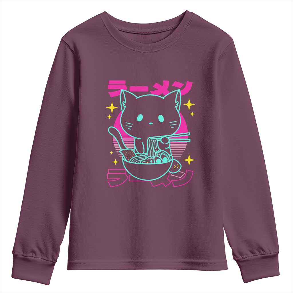 Kawaii Ramen Cat Youth Sweatshirt Retro Japanese Noodles Lover Anime Aesthetic TS02 Maroon Print Your Wear