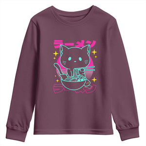 Kawaii Ramen Cat Youth Sweatshirt Retro Japanese Noodles Lover Anime Aesthetic TS02 Maroon Print Your Wear