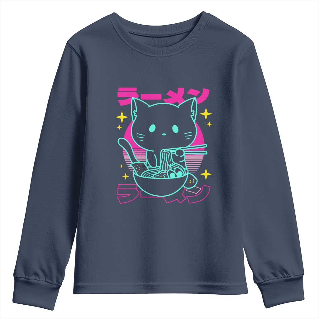 Kawaii Ramen Cat Youth Sweatshirt Retro Japanese Noodles Lover Anime Aesthetic TS02 Navy Print Your Wear