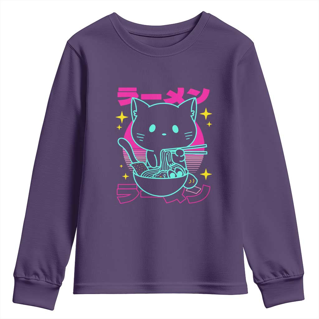 Kawaii Ramen Cat Youth Sweatshirt Retro Japanese Noodles Lover Anime Aesthetic TS02 Purple Print Your Wear