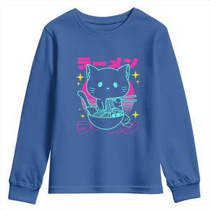 Kawaii Ramen Cat Youth Sweatshirt Retro Japanese Noodles Lover Anime Aesthetic TS02 Royal Blue Print Your Wear