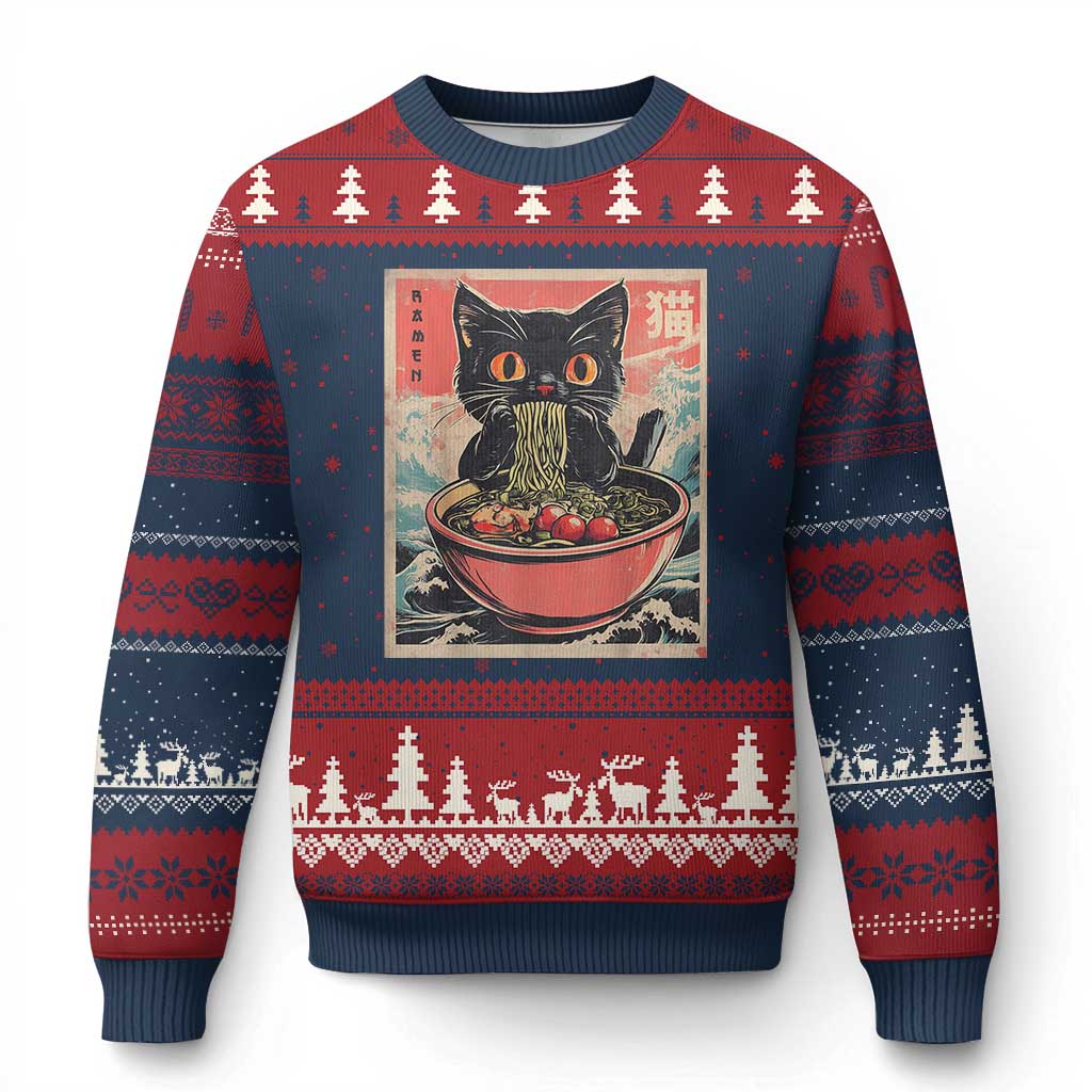 Cat Ramen Japanese Inspo Graphic Ugly Christmas Sweater Funny Kawaii Cat Anime Gifts TS02 Navy Red Print Your Wear