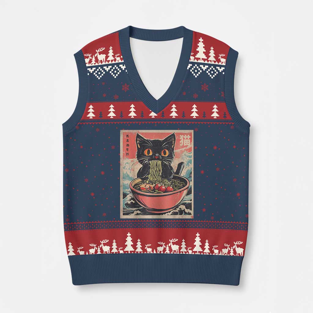 Cat Ramen Japanese Inspo Graphic V-Neck Knit Sweater Vest Funny Kawaii Cat Anime Gifts TS02 Navy Red Print Your Wear