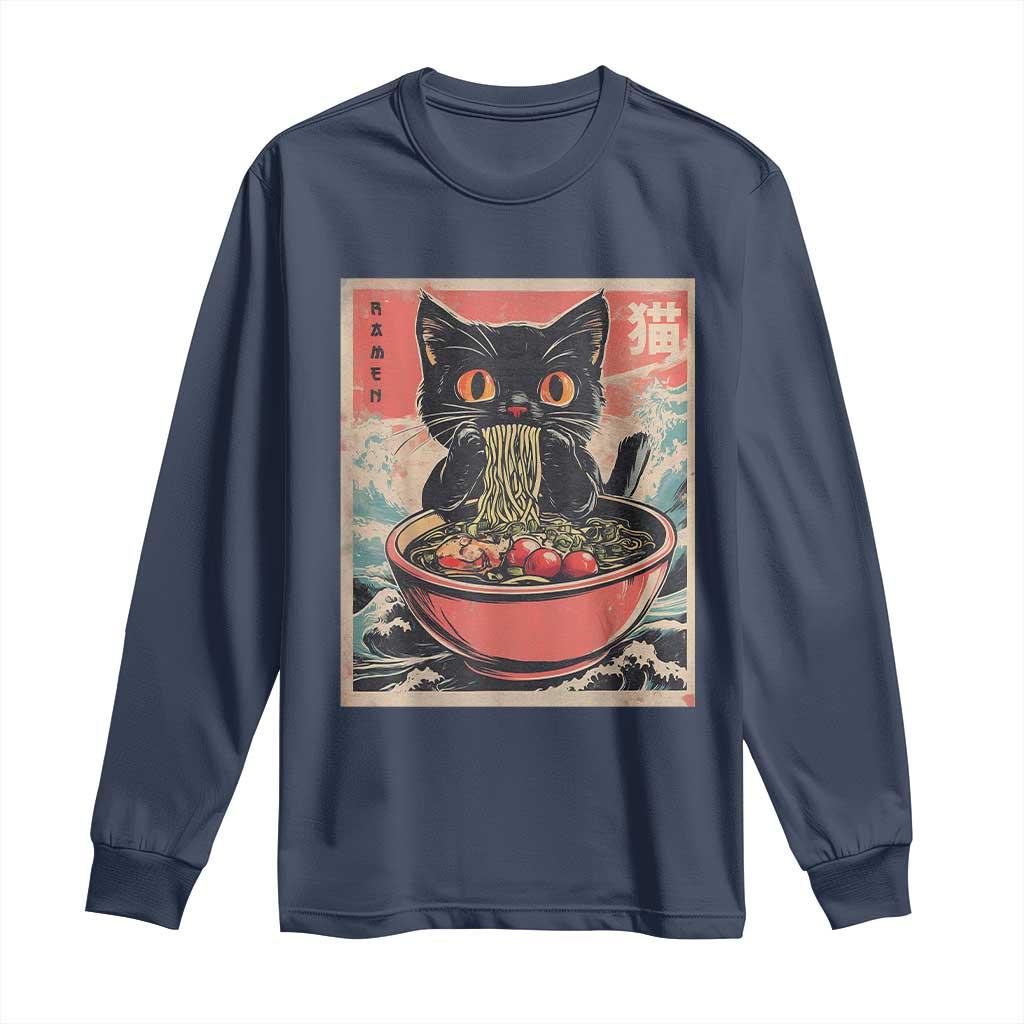 Cat Ramen Japanese Inspo Graphic Long Sleeve Shirt Funny Kawaii Cat Anime Gifts TS02 Navy Print Your Wear