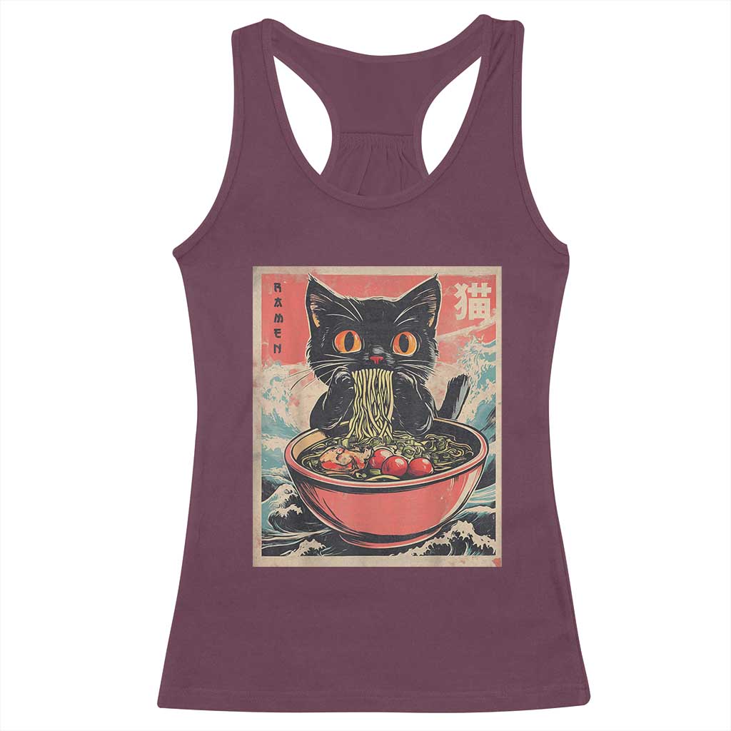 Cat Ramen Japanese Inspo Graphic Racerback Tank Top Funny Kawaii Cat Anime Gifts TS02 Maroon Print Your Wear