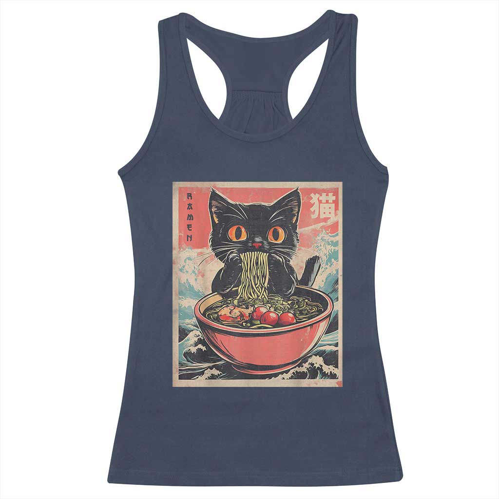 Cat Ramen Japanese Inspo Graphic Racerback Tank Top Funny Kawaii Cat Anime Gifts TS02 Navy Print Your Wear