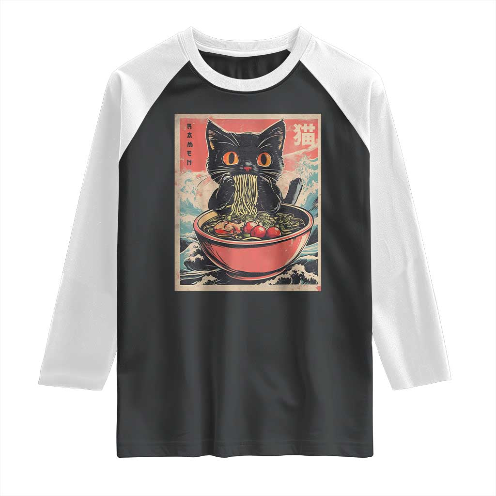 Cat Ramen Japanese Inspo Graphic Raglan Shirt Funny Kawaii Cat Anime Gifts TS02 Black White Print Your Wear