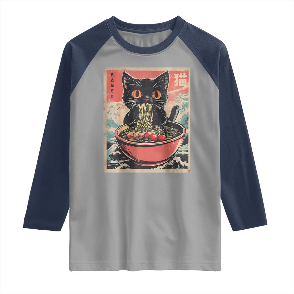 Cat Ramen Japanese Inspo Graphic Raglan Shirt Funny Kawaii Cat Anime Gifts TS02 Sport Gray Navy Print Your Wear